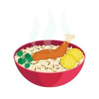 Biryani. Rice, chicken meat, vegetables and spices. Garnished with lemon and cilantro. Vector graphic.