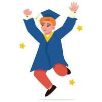 Graduation day. Graduate man, in a mantle and a square academic cap. Jumping for joy. Vector graphic.