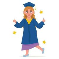 Graduation day. Graduate girl in a skirt, in a mantle and a square academic cap. Jumping for joy. Vector graphic.