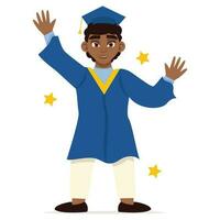 Graduation day. Graduate black man, in a mantle and a square academic cap. Jumping for joy. Vector graphic.