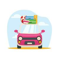 Pink car with things goes on vacation. Suitcases, a beach bag, a ball are fixed on the roof. Vector graphic.