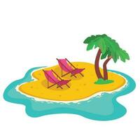 Island in the middle of the ocean or sea. Palm trees with coconuts and two sunbeds. Vector graphic.