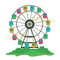 Ferris wheel, bushes, clouds. Vector graphic.