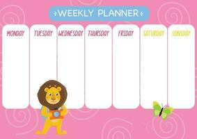 Childish cute week planner. Horizontal. With a cute lion with a camera and a butterfly. Vector graphic.