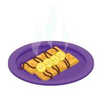 Banana pancakes stuffed with squares. With chocolate topping and fresh banana slices. Dessert. Vector graphic.