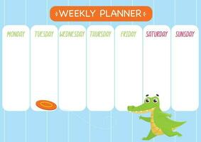 Childish cute week planner. Horizontal. With cute crocodile and frisbee. Vector graphic.