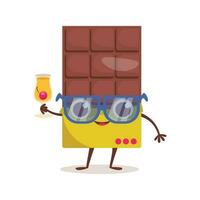 Cute dessert character. Chocolate in sunglasses holds a cocktail in his hand. Summer time. Vector graphic.
