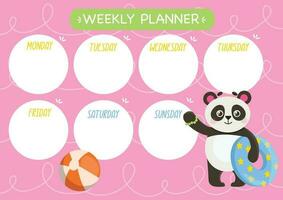 Childish cute week planner. Horizontal. With a cute Panda character and an inflatable ring. Vector graphic.