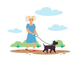 Small girl walking her dog. They walk in the park. Best friends. Vector graphic.