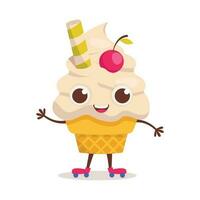 Cute dessert character. Vanilla ice cream in a cone on rollers. Summer time. Vector graphic.