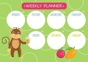 Childish cute week planner. Horizontal. With a cute Monkey character and a cocktail. Vector graphic.