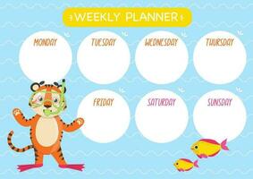 Childish cute week planner Cute Tiger character, swimming mask and fins. Vector graphic.