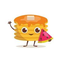 Cute dessert character. Pancakes with maple syrup and butter holds a piece of juicy watermelon in his hands. Summer time. Vector graphic.