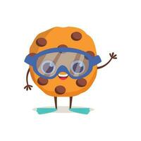 Cute dessert character. Chocolate chip cookie put on a swimming mask and flippers. Summer time. Vector graphic.