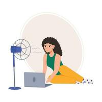 Girl is sitting on the floor with a laptop and a fan. Girl with ventilation equipment in hot weather. Vector graphic.