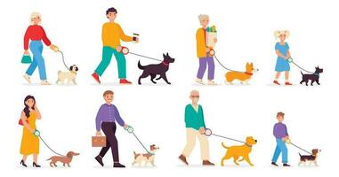 Set of illustrations with people of different ages walking their dogs of different breeds. Vector graphic.