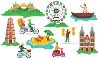 Vietnam country. Set of illustrations of Vietnam landmarks and people. Vector graphic.