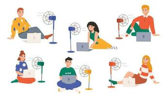 Set of vector illustrations with people sitting on the floor with a laptop and a fan. People with ventilation equipment in hot weather. Vector graphic.