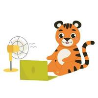 Cartoon animal is sitting on the floor with a laptop and a fan. Tiger with ventilation equipment in hot weather. Vector graphic.