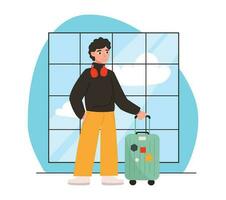 Man with a suitcase at the airport. Goes on a flight to go on a journey. Vector graphic.