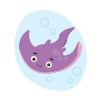 Cute stingray swims in the water. Sea life. Vector graphic.