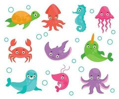 Set of cute sea animals. Turtle, narwhal, fur seal, jellyfish, squid, octopus, shrimp, sea horse, crab, stingray. Sea life. Vector graphic.