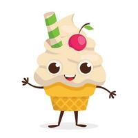 Cute dessert character Vanilla ice cream in a cone. Vector graphic.