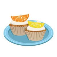 Cupcakes with cream and fruits. Orange and lemon. Filled dough, pastries. Vector graphic.