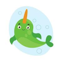 Cute narwhal swims in the water. Sea life. Vector graphic.