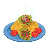 Burrito. Wheat cake wrapped in various stuffing - meat, beans, rice, tomatoes, avocado, cheese, lettuce, etc. Vector graphic.