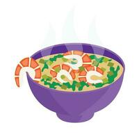 Tacaca soup. Jambu and tukupi, boiled tapioca starch, and shrimp. Vector graphic.