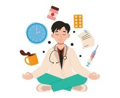 Man doctor sits in lotus position and meditates at work. Medical stuff fly around. Vector graphic.