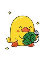 Dangerous cute duck with different weapons. Sits and holds a grenade. Vector graphic.