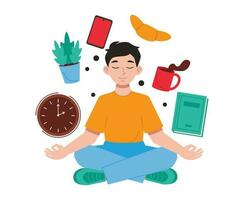 Man sits in the lotus position and meditates. Everyday things fly around. Vector graphic.