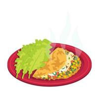 Pancake stuffed with shrimp, corn, onion and sauce. Decorated with lettuce. vector