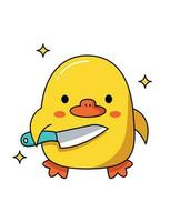 Dangerous cute duck with different weapons. Holds a sharp knife. Vector graphic.