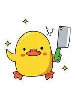 Dangerous cute duck with different weapons. Holds a sharp cleaver. Vector graphic.