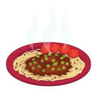 Spaghetti with minced meat. Garnished with small tomatoes and green onions. Vector graphic.