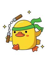 Dangerous cute duck with different weapons. With a bandage on his head, he holds nunchucks. Vector graphic.