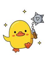 Dangerous cute duck with different weapons. Holds a morning star. Vector graphic.