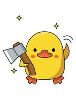 Dangerous cute duck with different weapons. Holds a sharp axe. Vector graphic.