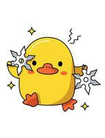 Dangerous cute duck with different weapons. Holds shurikens. Vector graphic.