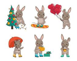 Set of illustrations of hares with different activities. Vector graphic.