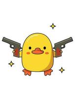 Dangerous cute duck with different weapons. Holds two guns. Vector graphic.