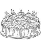 Cake coloring page. Birthday cake coloring page for kids and adults. mid content coloring page for amazon KDP. Coloring page of Cake vector