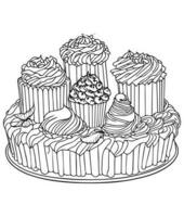 Cake coloring page. Birthday cake coloring page for kids and adults. mid content coloring page for amazon KDP. Coloring page of Cake vector