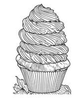 Cup Cake coloring page. Birthday Cup cake coloring page for kids and adults. mid content coloring page for amazon KDP. Coloring page of cup cake. vector