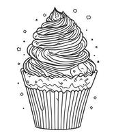 Cup Cake coloring page. Birthday Cup cake coloring page for kids and adults. mid content coloring page for amazon KDP. Coloring page of cup cake. vector