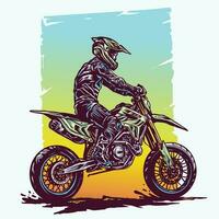 Colorful elegant supermoto rider on the bike with a vintage style illustration vector