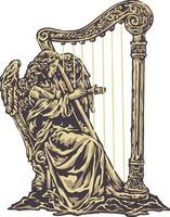 Elegantly angel played a harp with a vintage style illustration vector